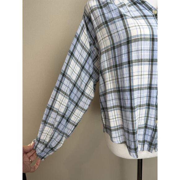 Loft Women’s Sz S Blue White Plaid V-Neck Ruffle Trim Crepe Texture Button Up - Picture 3 of 12